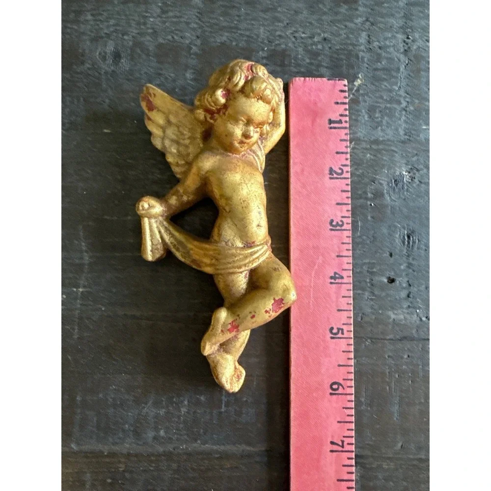 Vintage Gold Chalkware Cherub Angel Wall Hanging Set 3 Musical Figures 6 Inch